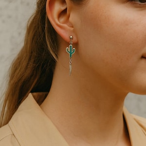 Vintage 1980s EGE Sterling Pewter Turquoise Earrings – Cactus & Feather Dangles