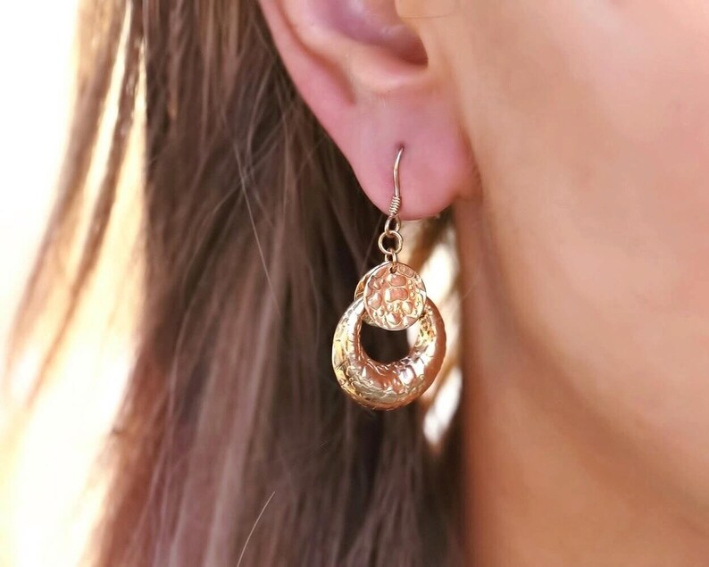Gold drop earrings Boho Style Earrings Modern earrings Chandelier earrings Gold disc earrings Hammered Disc Earrings Dangle Earrings