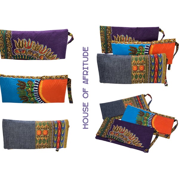 Pochette Clutch Africaine Ankara/Dashiki - Imprimé Artisanal - Orange - Taille Medium - Neuf Sans étiquettes