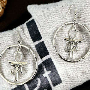 Eye of Horus Earrings, Egyptian Symbol, Hieroglyph, Silver Hoop Earrings, Ankh Earrings, Statement Earrings, Amulet | by House of Afritude