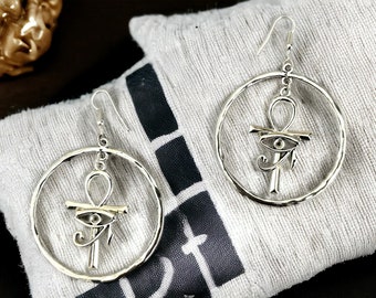 Eye of Horus Earrings, Egyptian Symbol, Hieroglyph, Silver Hoop Earrings, Ankh Earrings, Statement Earrings, Amulet | by House of Afritude