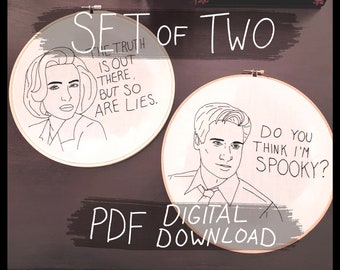 PDF DIGITAL DOWNLOAD Set of 2 Scully and Mulder embroidery patterns
