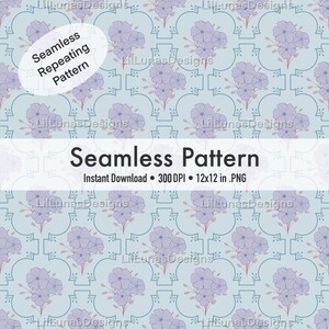 Op de afbeelding: Naadloos herhalend patroon met lavendelbloemen op een lichtblauwe achtergrond. Het ontwerp bevat de tekst "Seamless Pattern" en "Instant Download 300 DPI 12x12 in .PNG".