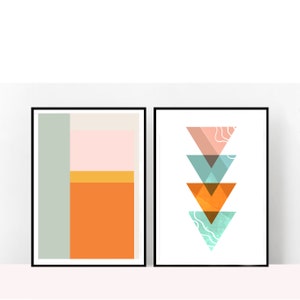 Geometric triangle printable, Mid Century Modern Art,Minimalist Print,Burnt Orange,Living Coral.Blush Mint Green,Large Poster Print,Set of 2