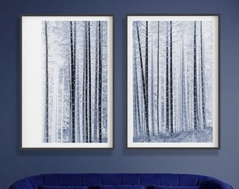 Indigo Blue Forest Printable,Set of two,Navy blue Woodland,Deep blue Modern,Nordic Wall Art,Soothing Nature,Large Poster,Office Home decor