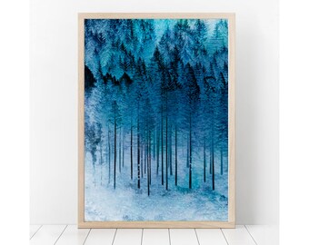 Indigo Teal Forest Printable,Misty Forest Print,Navy Blue Teal Wall Art,Modern Minimalist Woodland Mountain Print,LargePoster,Home decor.