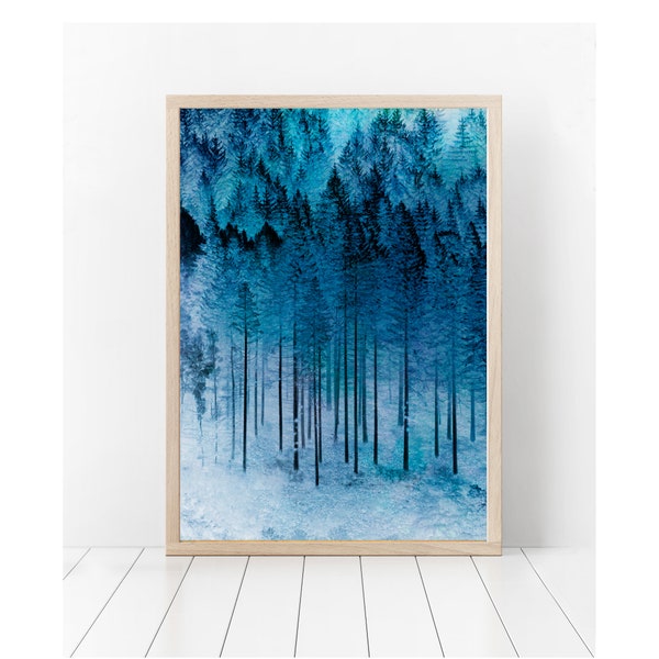 Indigo Teal Forest imprimable, Misty Forest Print, marine bleu sarcelle Wall Art, moderne minimaliste Woodland Mountain Print, LargePoster, décor à la maison.