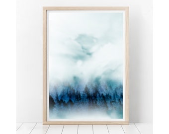 Indigo Mountain Forest Printable,Wanderlust Print,Misty Forest, Navy Teal Wall Art,Modern,Woodland,Navy Blue Art,Poster,Man gift,watercolour