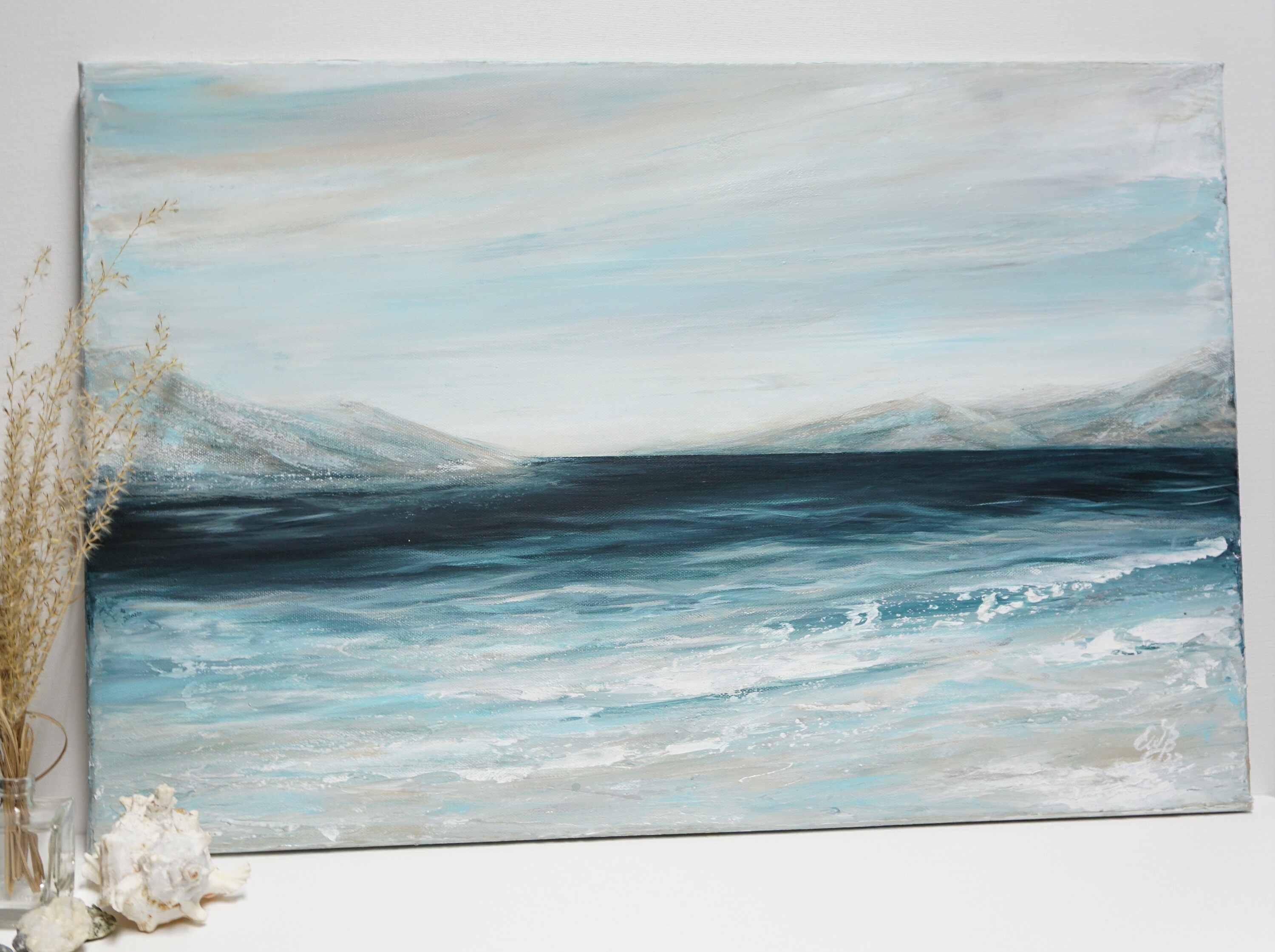 Sea Scape, Acrylic Painting The Sea, Silver Shimmer, Texture