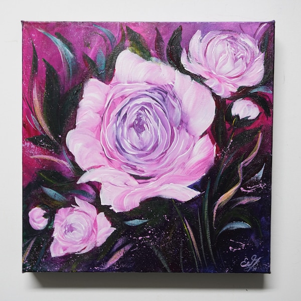 Impression sur toile Pivoines roses, art floral moderne, peinture acrylique, fleurs peintes à la main, uniques, originales Elsa Weiss Bekolli