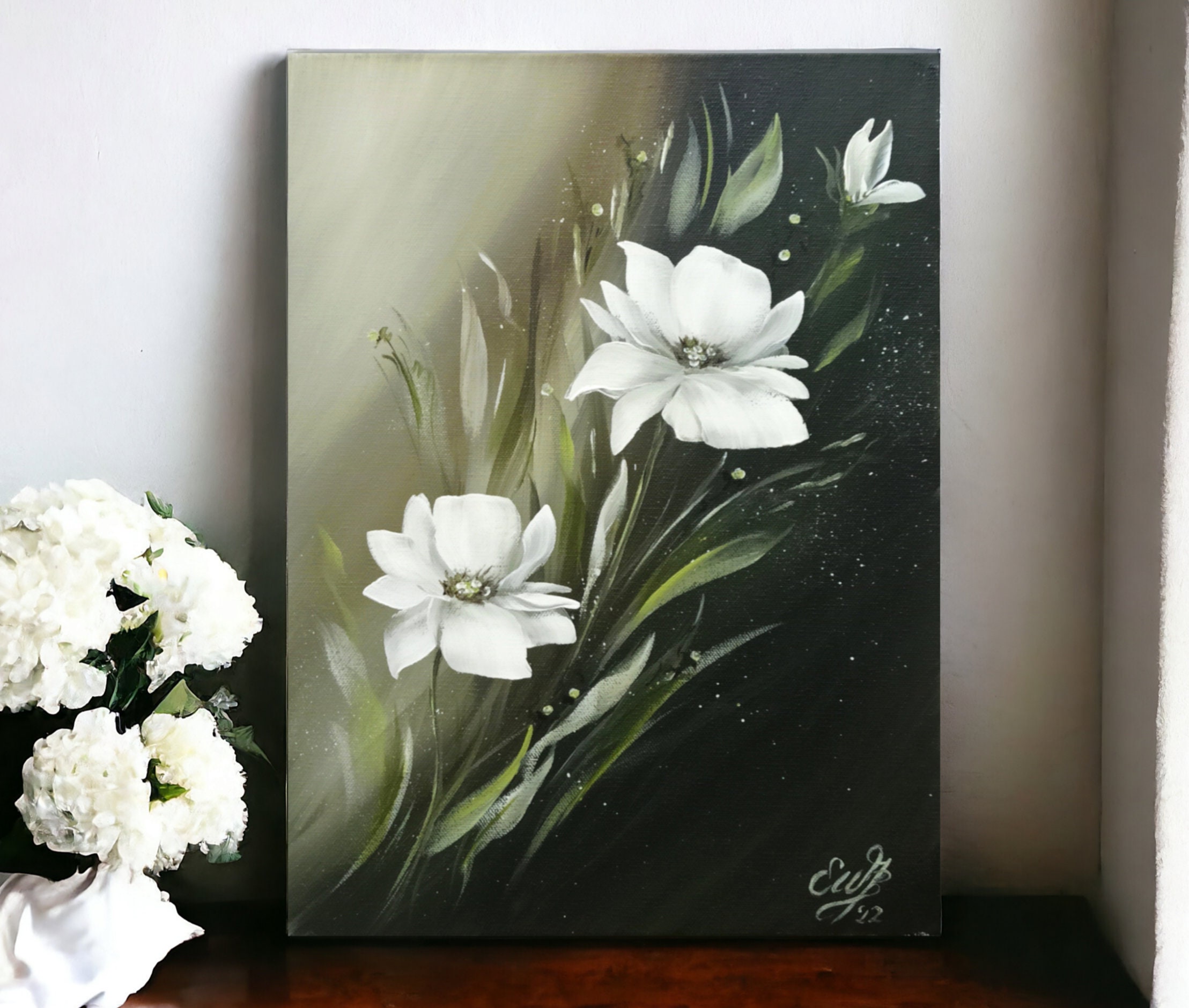 White Flowers Acrylic Painting Modern Floral Art Plain and Noble