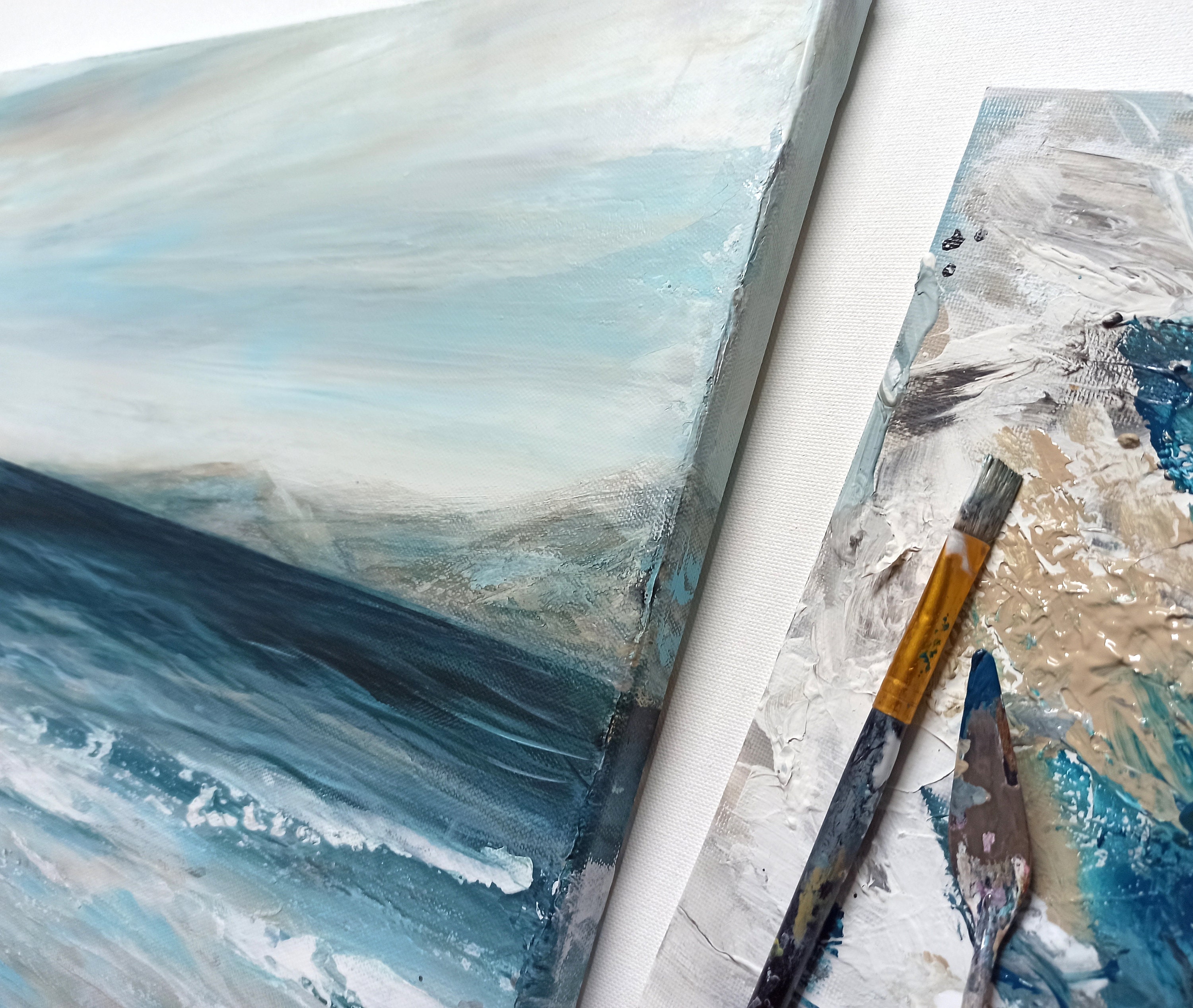 Sea Scape, Acrylic Painting The Sea, Silver Shimmer, Texture