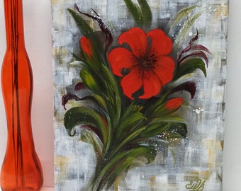 Lirio, pintura floral original, lirios rojo naranja, fondo a cuadros, arte floral moderno pintado a mano, cuadro de flores abstracto, único
