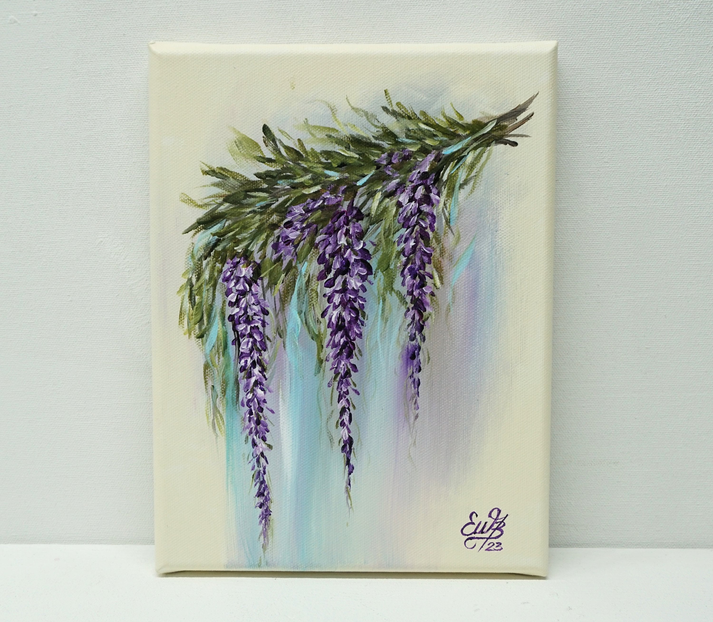 Original Blauregen handgemalt, Miniatur Gemlde, Acrylbild Floral,  Minimalistische Kunst, Blten auf Leinwand, Unikat, Elsa Weiss Bekolli