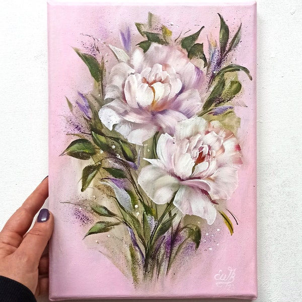 Image sur toile fleur peinte à la main, peinture romantique pastel, art floral, peinture acrylique, pivoines peintes, unique, Elsa Weiss Bekolli