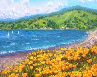 Yellow Poppy at California Hills. Clear Lake. 12x9 inch, Canvas. Original Oil Painting. Spring Flowers. Mountain painting.