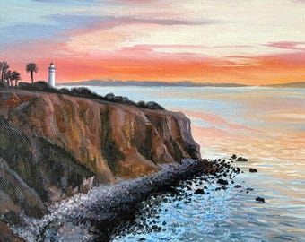 ORIGINAL Oil Painting. Point Vicente Lighthouse. California Seascape. Canvas 12x9 inch. One of a kind.