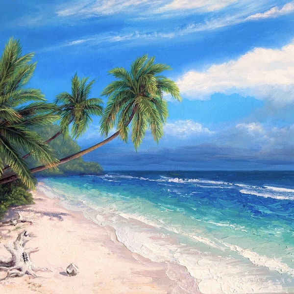 Hawaii Beach Oil Painting. Canvas 11x14 inch. Kaanapali Beach Palm. Maui Island. Original Oil Painting. Ocean Painting. Palm Tree.