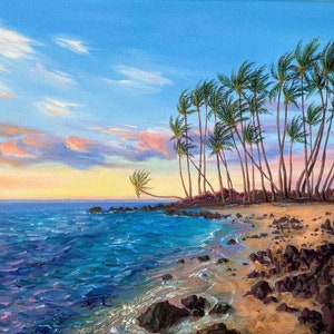 Hawaii ORIGINAL Oil Painting. Framed.Stretched Canvas 14x11 inch. Big Island.Makalawena Beach. Palm Tree. Sunset.One of a Kind.Ready to Hang