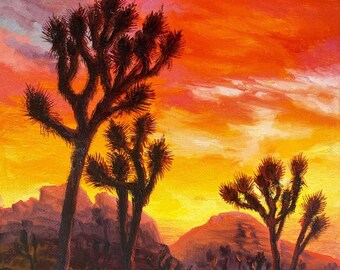 ORIGINAL Oil Painting. Joshua Tree at Sunset. California National park. Mountain. Fall Painting. Stretched Canvas 10x8inch. One of a Kind.
