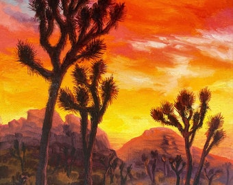 ORIGINAL Oil Painting. Joshua Tree at Sunset. California National park. Mountain. Fall Painting. Stretched Canvas 10x8inch. One of a Kind.