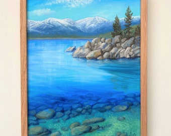 Lake Tahoe Painting. Original Oil Painting. Emerald Water. California Landscape. Mountain Landscape. Canvas 10x8 inch. Wood Frame.