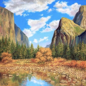 Yosemite Valley in the Fall. Original Oil Painting. California National park. California Landscape. Mountains. Stretched Canvas 10x10 inch.