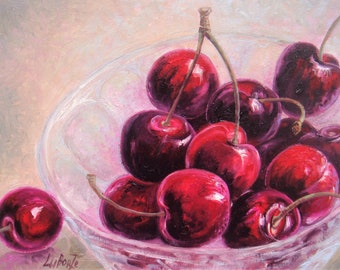 Cherry. Original Oil Painting. Canvas. Fine Art. Still Life. 9 x 12 inches.