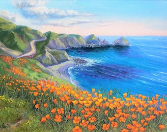 Yellow Poppy at California Coast. Landscape. Seascape. Fine Art. Spring Flowers. Original Oil Painting. Canvas 12x9 inch.