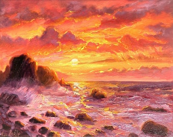 Oregon Beach Painting. Original Oil Painting. Oregon Seascape. Sunset Painting. Oregon Coastline. Canvas 10x8 inch.