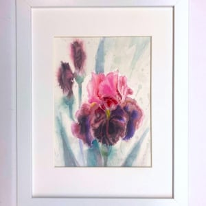 Original Watercolor Iris Painting. Fine Art. Flower. California Native Flowers.Frame Matted 13.25x10.25 inch. Paper 8x6 inch. One of a Kind.
