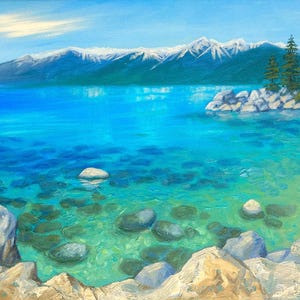 ORIGINAL Oil Painting. Lake Tahoe Oil Painting. California Landscape. Mountains. Stretched Canvas 12x9 inch. Fine Art. One of a Kind.
