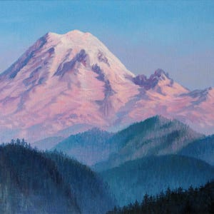 ORIGINAL Oil Painting Mount Rainier. Washington State. Fine Art. Landscape. One of a Kind. Sunset. Stretched Canvas 14x11 inch.