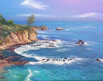 May include: An oil painting depicting a coastal landscape with a rocky cliffside covered in green vegetation, overlooking a blue ocean with white crashing waves. A small natural rock arch stands in the water, and the sky transitions from blue to purple.