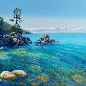 ORIGINAL Oil Painting. Framed. Lake Tahoe Painting. California Landscape. Emerald Water Painting. Stretched canvas 10x8 inch. One of a Kind.