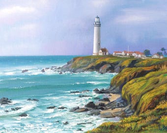 ORIGINAL Oil Painting. Framed. Pigeon Point Lighthouse. California Coast. Canvas 12x9". One of a kind