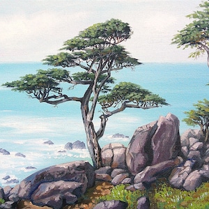 May include: An oil painting depicting a coastal scene with a gnarled, green-leafed tree growing among large, grey-brown rocks. The background features a light blue ocean under a pale sky. The artist's signature is visible in the bottom right corner.