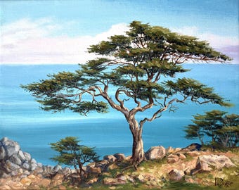 Cypress Tree. California Coast. California Landscape. Seascape. Fine Art. Original Oil Painting. Stretched canvas 10x8 inch.