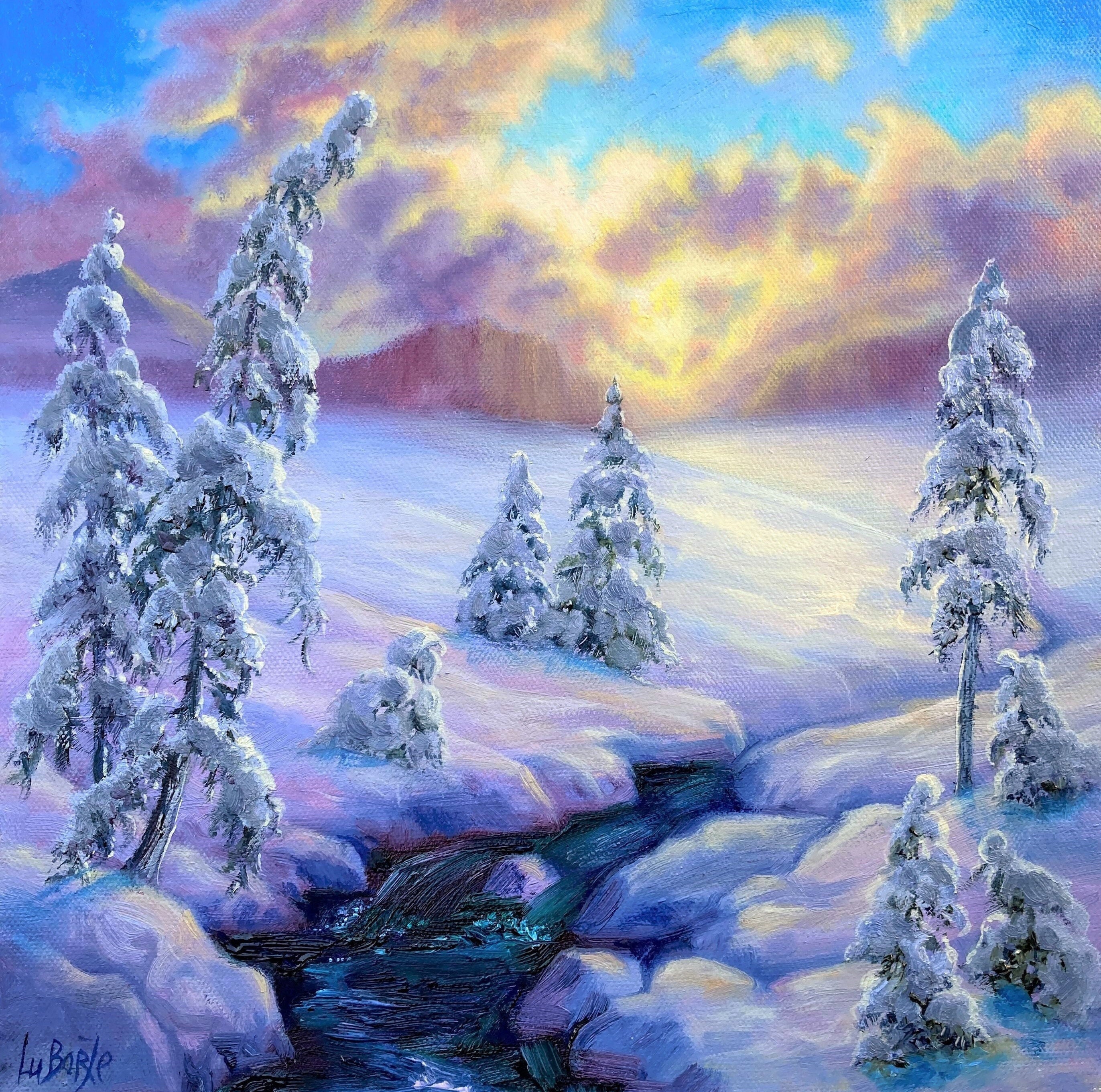 冬の雪の夕日。オリジナル油絵。美術。風景画。冬の絵画 冬の雪の夕日。オリジナル油絵。美術。風景画。冬の絵画