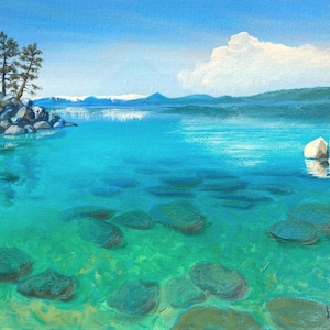 Lake Tahoe Painting. Original Oil Painting. California Landscape. Mountains. Stretched Canvas 10x8 inch. Signed. One of a kind.