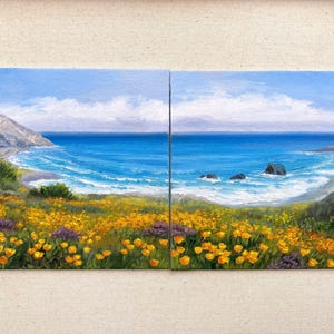ORIGINAL Oil Painting. Diptych.2 Painting. Big Sur Painting.California landscape.Yellow Poppy. Canvas panel 6x6 inch, each. One of a kind.