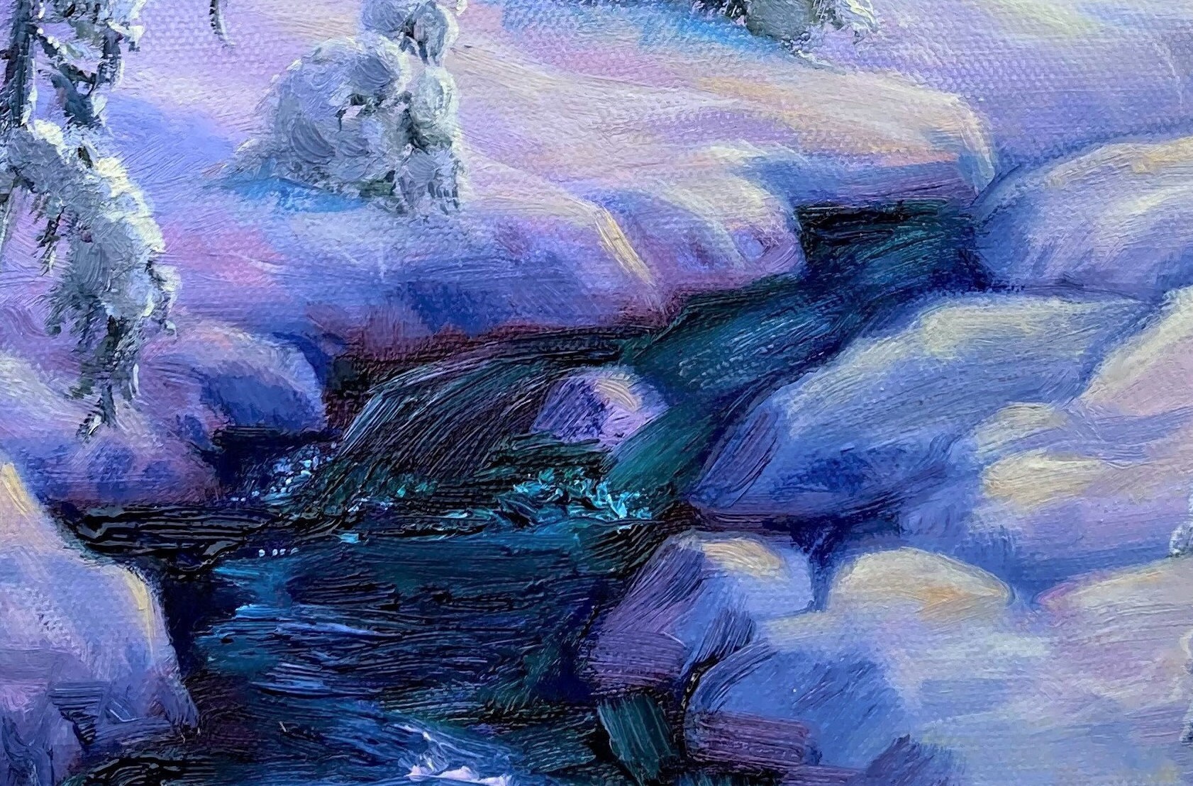 冬の雪の夕日。オリジナル油絵。美術。風景画。冬の絵画 冬の雪の夕日。オリジナル油絵。美術。風景画。冬の絵画