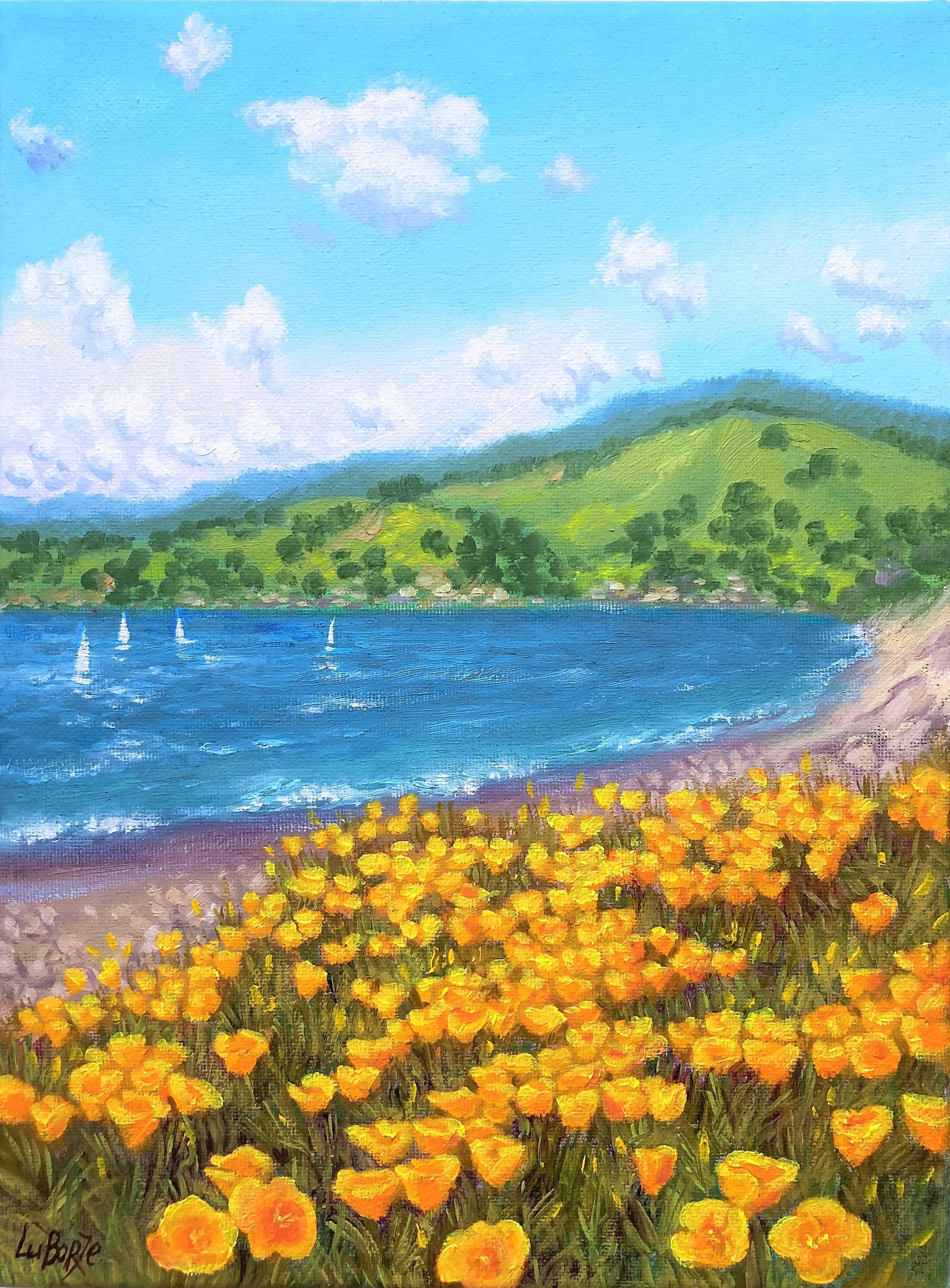 ORIGINAL Oil Painting. Yellow Poppy at California Hills. Clear Lake. 12x9 inch, Stretched Canvas.Spring Flowers.Lake Painting.One of a Kind.