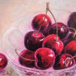 ORIGINAL Oil Painting. Cherry Painting. Still Life. Fruit Painting. Red Cherry. Cherry in Glass. Stretched Canvas 12x9 inch. One of a Kind.