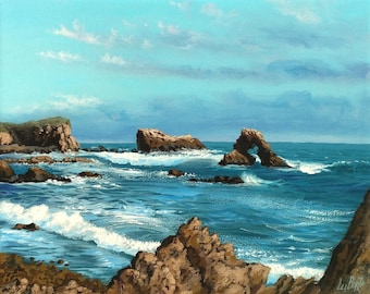 ORIGINAL Oil Painting. Framed. Corona Del Mar Arch Rock. California Coast. Canvas 10x8 inch.