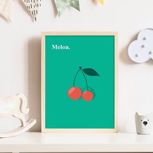Cartel de la cereza - cartel de la fruta del diseño - ilustración del diseño del niño - cocina deco - cartel minimalista - A4 (marco no incluido)