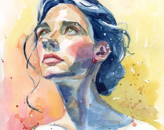 Dreamy Woman Watercolor Portrait Print: Expressive Feminine Wall Art