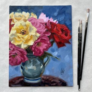 Oil Painting - 11X14 Oil Painting - Painting on Canvas Board - Floral Still Life - Original Painting -Roses Painting - Flowers in Jug -Roses