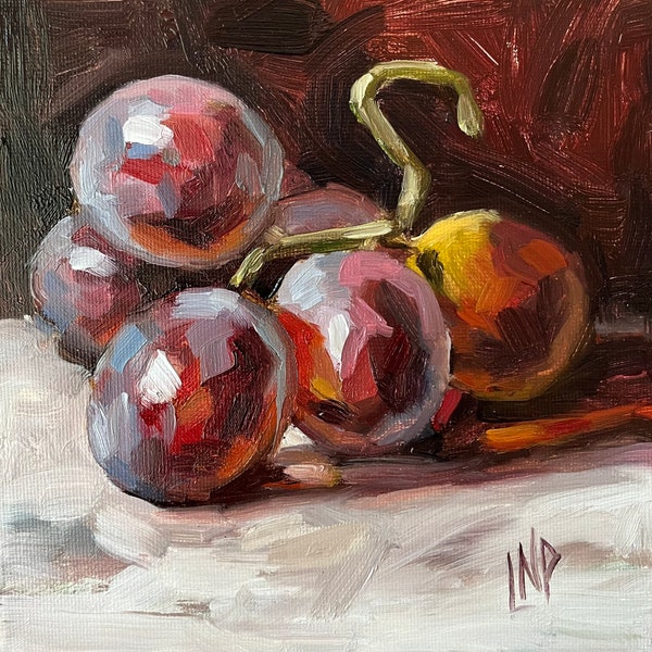 Peinture de raisins - Peinture à l’huile 6X6 - Peinture de nature morte - Peinture de fruits - Mini toile - Peinture originale - Petit art-Art floral - Raisins rouges