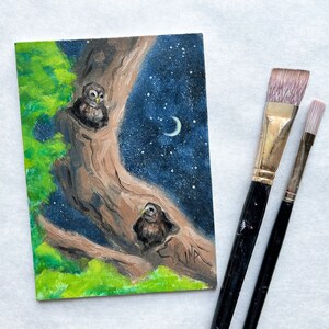 Owl Painting - Night Owl - 5X7 Oil Painting - Original Oil Painting - Birds - Owls - Canvas Art - Night Life - Neighbors